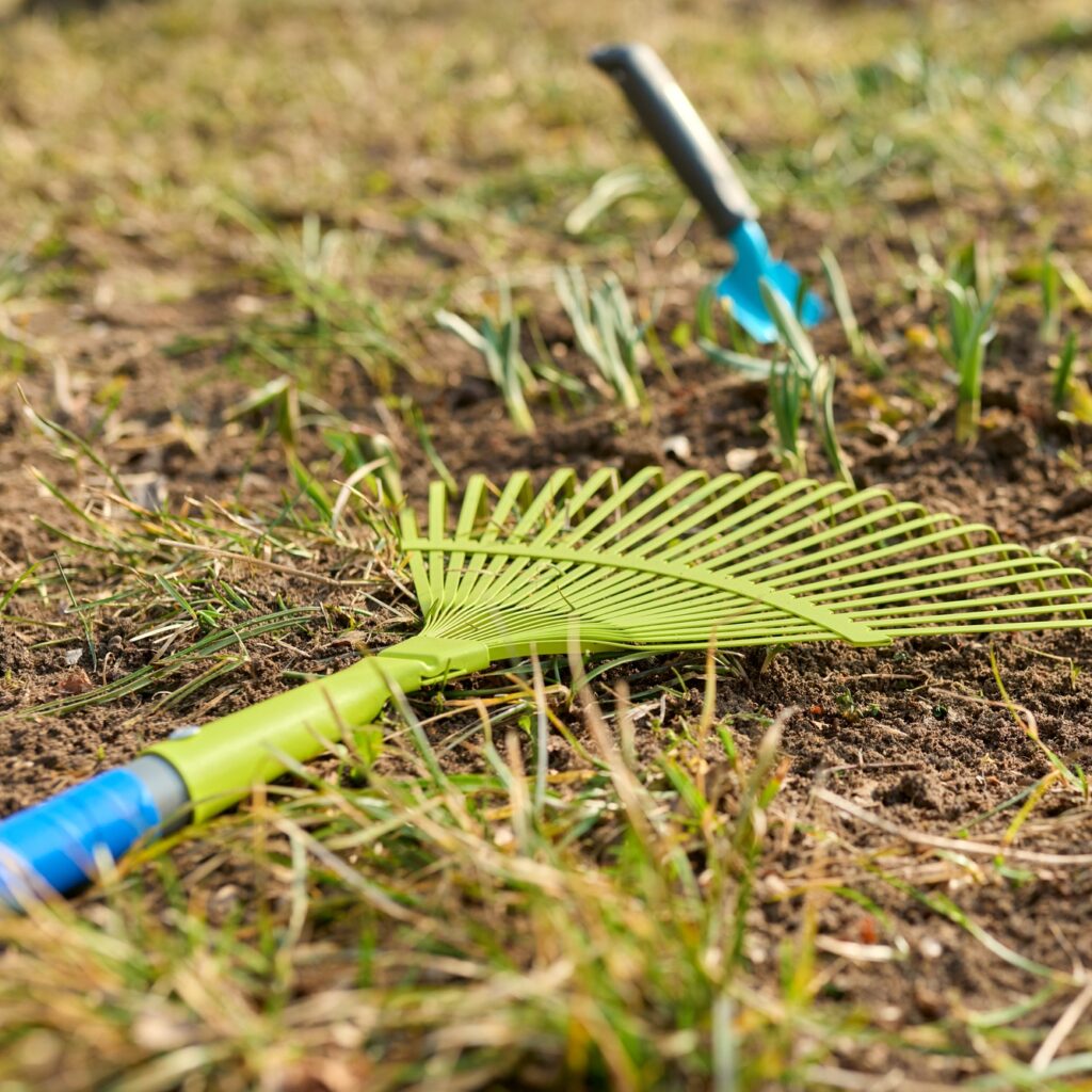 Spring cleaning backyard flower bed with sprouting flowers